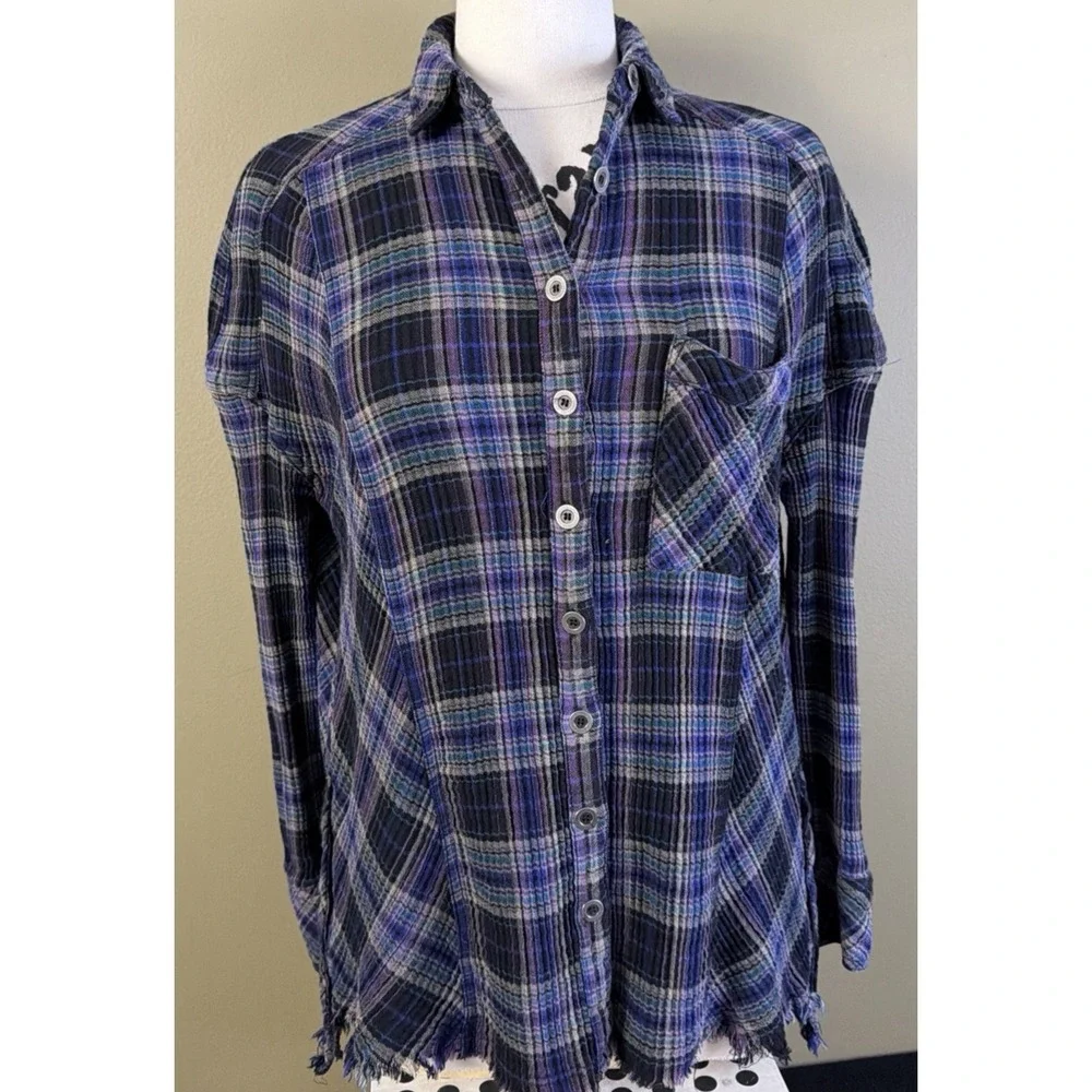 Free People Women's S Plaid Button Up Shacket Juniper Ridge Snap Side Raw Hem